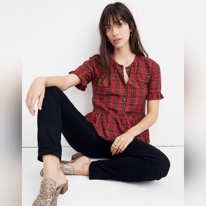 Madewell studio ruffle peplum top in Clanton plaid red xs